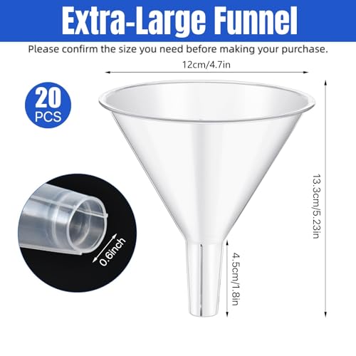 20PCS Plastic Funnels, 4.7'' Clear Plastic Funnels, Wide Mouth Funnel for Filling Bottles, Large Funnel with Long Reaching Spout for Liquid Spices Powder Lotion Perfume Automotive Use