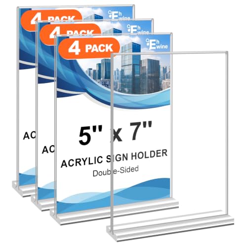 EHWINE 4 Pack Acrylic Sign Holders 5x7 Double-Sided Tabletop Display Stands for Menus Flyers & Signs, Clear Acrylic Picture Frame for Office Business Store & Events - size: 4 Pack 5x7 Inch