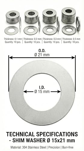 15x21mm Shim Washers RC Diff Stainless Steel 40pc 0.1-0.5mm - size: 15x21
