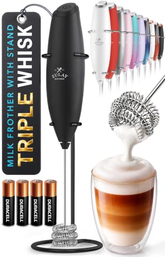 Zulay Kitchen Powerful Milk Frother Wand With Duracell Batteries - Ultra Fast Handheld Drink Mixer - Electric Whisk Foam Maker for Coffee, Lattes, Cappuccino & Matcha - Triple Whisk - Midnight Elite - color: 03 - Executive Black, size: Triple Whisk + Batt