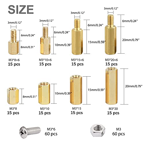 260Pcs M3 Male-Female Brass Thread Hex Standoff Spacer Screws and Nuts Assorted Kit,Threaded Pillar PCB Motherboard Assortment Kit for DIY Computer Build, Circuit Board - size: M3 Male-Female Spacer 260pcs
