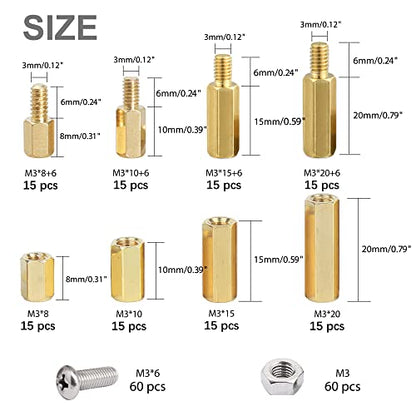 260Pcs M3 Male-Female Brass Thread Hex Standoff Spacer Screws and Nuts Assorted Kit,Threaded Pillar PCB Motherboard Assortment Kit for DIY Computer Build, Circuit Board - size: M3 Male-Female Spacer 260pcs