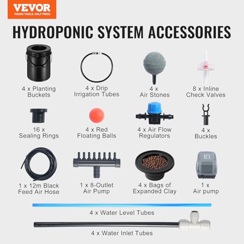 VEVOR DWC Hydroponics Grow System, Hydroponic Growing System with Top Drip Kit, Deep Water Culture 5-Gallon 4 Buckets, with Air Pump, Air Stones and Water Level Device for Leafy Vegetables - style: 4 Buckets+Top Drip Kit