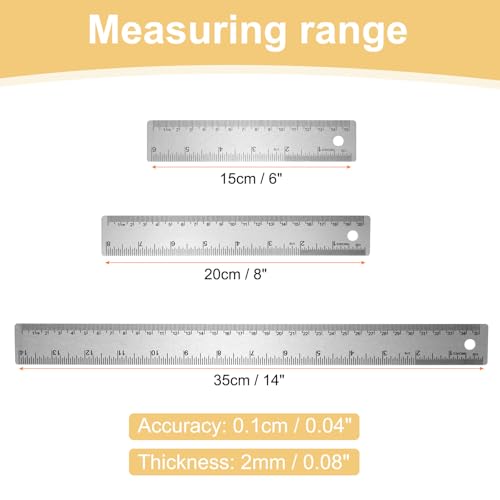 HARFINGTON 3pcs Stainless Steel Metal Ruler 15/20/35cm Straight Edge with Cork Backing Non-Slip Inch Metric Metal Ruler for Classroom Office Home Drafting Tools - size: 15/20/35cm
