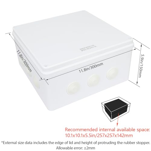 LeMotech Junction Box, ABS Plastic IP65 Waterproof and Dustproof, Universal Electrical Enclosure, Outdoor and Indoor Project Box 11.8X 11.8X 5.9 inch (300 x 300 x 150 mm) - size: 11.8" x 11.8" x 5.9" (1pc)