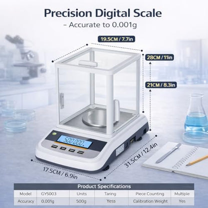Lab Analytical Balance 500g x 0.001g Precision Digital Scale, with Windshield and RS232 Interface, for Scientific Laboratories, Research, Industrial, Kitchen, Food, Jewelry, 19 Units, 500g Weight - color: White-500g x 0.001g