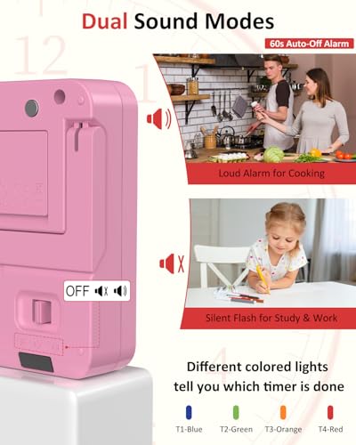 Digital Kitchen Timer with 4 Channel, Loud Alarm and Silent Mode - color: Pink