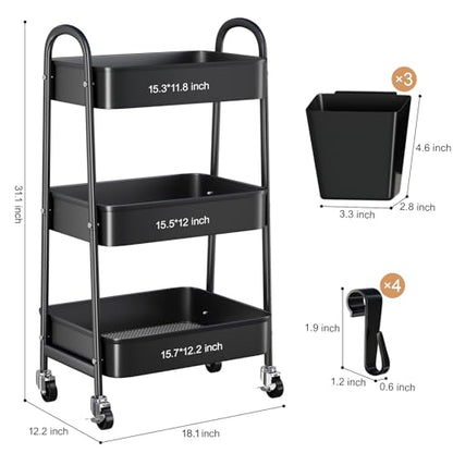 3 Tier Metal Rolling Cart with Lockable Wheels,Black Three Tiered Art Carts - color: Matte Black, size: 3 tier