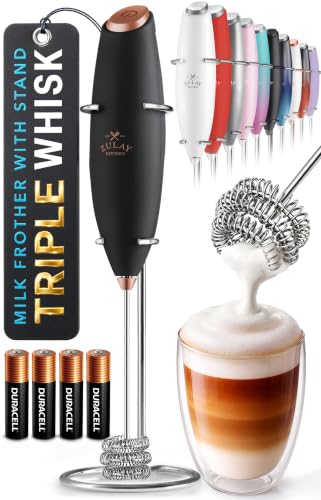 Zulay Kitchen Powerful Milk Frother Wand With Duracell Batteries - Ultra Fast Handheld Drink Mixer - Electric Whisk Foam Maker for Coffee, Lattes, Cappuccino & Matcha - Triple Whisk - Luster Copper - color: 05 - Black Copper, size: Triple Whisk + Batterie