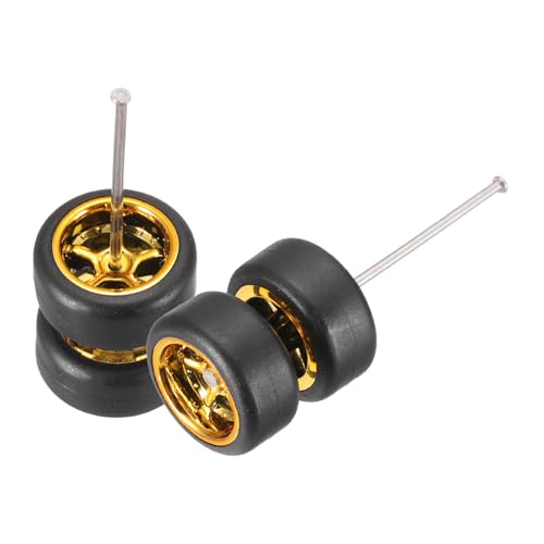 MECCANIXITY 2 Set 1/64 Wheels and Tires Set, Real Riders Rims Includes Axles for RC Diecast Car DIY Model, 5-Spoke Gold Rims