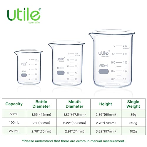 Utile Beaker Set, Low Form Glass Beakers, 3 Sizes of Vol.50ml 100ml 250ml, 3.3 Borosilicate Glass with Double Scale Printed Graduation, 4099.0004.1 - style: 50/100/250ml