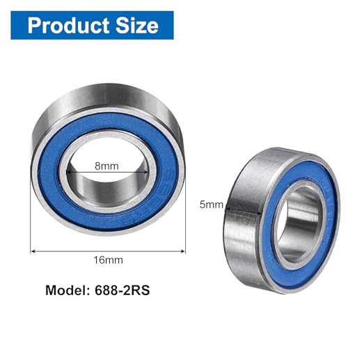 uxcell 8 Pcs 688-2RS Deep Groove Micro Bearing, 8x16x5mm Chrome Steel - size: 688-2RS