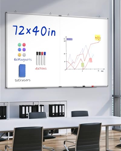 72"X 40" Large Magnetic Dry Erase Whiteboard, Removable Wall Hanging Board with 4 Pens & 1 Dry Erasers & 6 Magnets, Sliver Aluminum Frame White - color: White, size: 72"W x 40"H