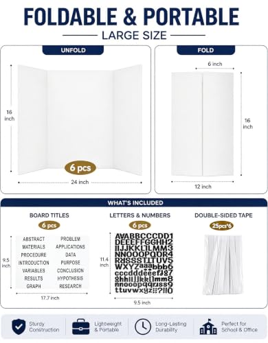 6 Pack White Small Trifold Poster Board 16 x 24 in, with 162 Stickers,Tape - color: White, size: 16*24''