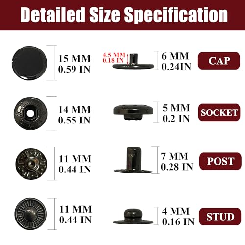 Raydodo 15mm Metal Snap Button Fasteners Kit with Tools (Black) - color: Black