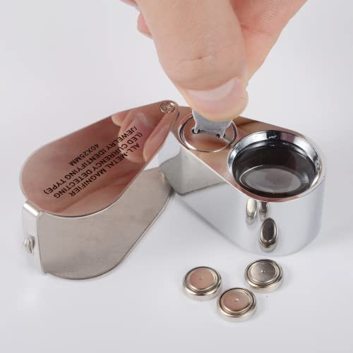 2 Pack 40X Full Metal Illuminated Jewelry Loop Magnifier, XYK Pocket Folding Magnifying Glass Jewelers Eye Loupe with LED(LED Currency Detecting/Jewelry Identifying) - size: 2