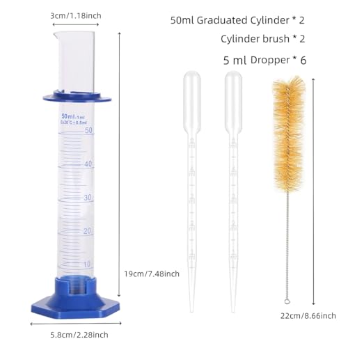 2Pcs 50ml Graduated Cylinder, Thick Glass Measuring Cylinder, with Anti-Falling Plastic Base and Bumper Guards, for Science Laboratory Measuring Liquid, Bring 2 Brushes and droppers - size: 50ml