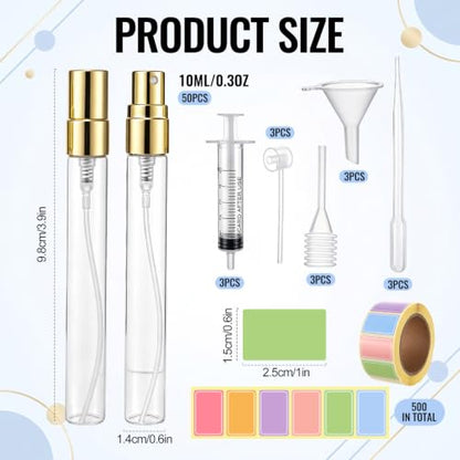 50 Pcs 10 ml Empty Perfume Bottles Label sheets, Portioning Tools Gold Caps