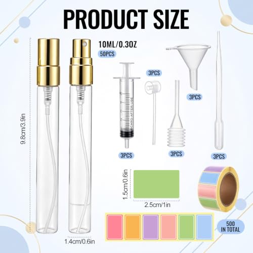 50 Pcs 10 ml Empty Perfume Bottles Label sheets, Portioning Tools Gold Caps