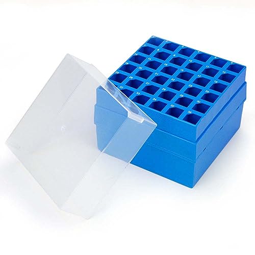Globe Scientific 3058 Storage Box with Lid for 15mL Centrifuge Tube, 36-Place, 6x6, PP, Blue Base & Clear Lid, Pack of 4