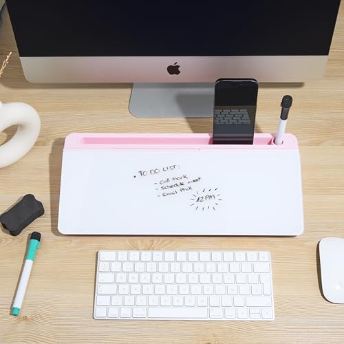 GAROOD Desktop Dry Erase Board with Storage (Pink Base) Desk White Board Desk Board Glass Desktop White Board with Stand Home Office Organizer Phone Holder 15.8X7X2 inches - color: Pink Base + Whiteboard
