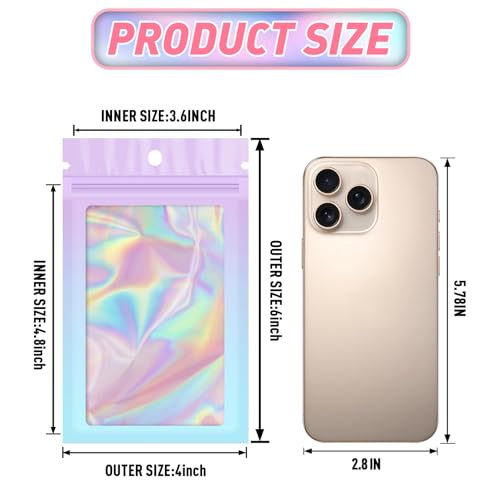 Funfery 100 Pack Holographic Bags,Mylar Resealable Bags with Zipper,Clear Window Packaging Pouch,Plastic Foil Bag for Food Storage,Sample Jewelry Baggies(4×6in,Purple Blue) - color: Purple Blue, size: 4x6 Inch