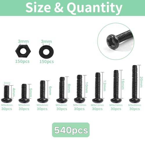 M3 Machine Screws Assortment Kit 540Pcs M3x4/5/6/8/10/12/16/20mm Black Pan Head Screws Fully Threaded Carbon Steel Machine Screws Phillips Drive Fastener Bolts Flat Washers Nuts Kit