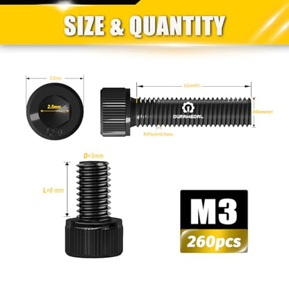 M3x8mm Screws 260pcs Hex Socket Cap 12.9 Steel Black Zinc Fully Thread - size: M3*8mm 260pcs