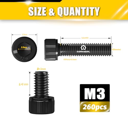 M3x8mm Screws 260pcs Hex Socket Cap 12.9 Steel Black Zinc Fully Thread - size: M3*8mm 260pcs