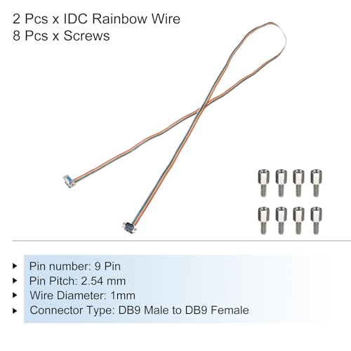 MECCANIXITY 2 Pcs IDC Rainbow Wire Flat Ribbon Cable DB9 Male to DB9 Female 59 Inch Length 2.54mm Pitch Breadboard Jumper Wires for Electronic Projects - size: 59 Inch, style: DB9 Male to DB9 Female