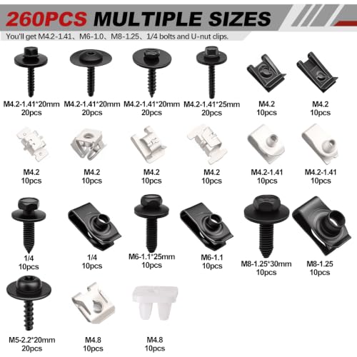 mxuteuk 260PCS U-Nut Clips & Automotive Body Fender Bolts Kit,for Most Cars Fender,Engine Undertray Cover, Engine Cover & Bumper Fender Liner - color: Black&Silver/21 Sizes Assortment Kit