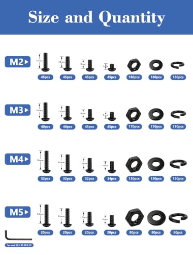 2240PCS Metric Bolt Assortment Kit, M2 M3 M4 M5 Button Head Socket Cap Screws with Hex Nuts, Flat & Spring Lock Washers, 10.9 Grade Alloy Steel Black Oxide Allen Hex Keys, for 3D Printing - size: M2M3M4M5 2240pcs