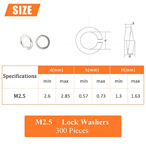 HELIFOUNER 300 Pieces M2.5 Stainless Steel Split Lock Washers, 304 Stainless Steel Spring Lock Washers for Screws Bolts, Silver - color: Silver, size: M2.5 (300 PCS)
