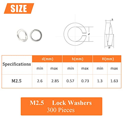 HELIFOUNER 300 Pieces M2.5 Stainless Steel Split Lock Washers, 304 Stainless Steel Spring Lock Washers for Screws Bolts, Silver - color: Silver, size: M2.5 (300 PCS)