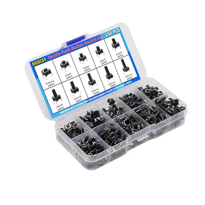 250PCS 10 Values 6x6mm Tactile Push Button Switch Assortment Kit 4 Pins Micro Momentary Tact Pushbutton Switches Set - style: 250 PCS 10 Values