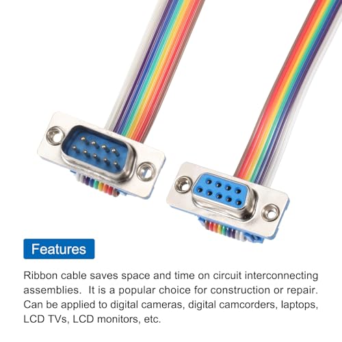 MECCANIXITY 4 Pcs IDC Rainbow Wire Flat Ribbon Cable DB9 Male to DB9 Female 19.7 Inch Length 2.54mm Pitch Breadboard Jumper Wires for Electronic Projects - size: 19.7 Inch, style: DB9 Male to DB9 Female