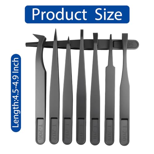 8PCS Precision Plastic Tweezers, Anti-Static Tweezers Set, Slant Flat Tip Tweezer Pointy/Curved Tips Tweezers for Electronics Assembly, Repair, Crafts Making (4.5-4.9 Inch, Black)