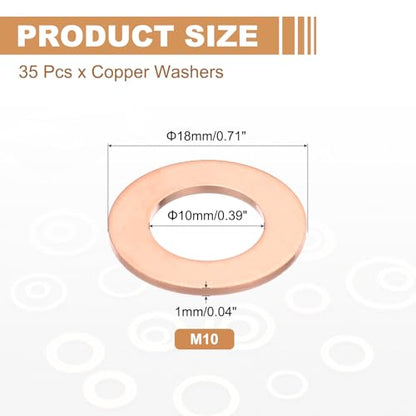 PATIKIL 35PCS M10 Copper Washers, M10x18x1mm Copper Crush Washer Metric Flat Washers Sealing Washers Assortment Kit Oil Drain Plug Gasket Ring for Automotive Battery Vehicles Screws Bolt - size: M10x18x1mm