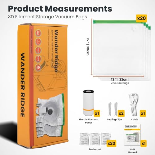 3D Printer Filament Storage Bundle – Vacuum Storage Bags Kit with Pump & Desiccants + Wall Mount Filament Rack Holds 18 Spools, Heavy Duty Pegboard Organizer for 3D Printer Accessories