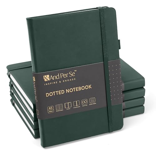 &And Per Se Dotted Journal Notebook (5 Packs), A5 Hardcover Leather Dotted Journal, 160 Pages 100 gsm Thick Paper, 3 Sheets of Stickers Included- 5.7'' x 8'' (Green - color: Green, style: 5 Pack-Dotted