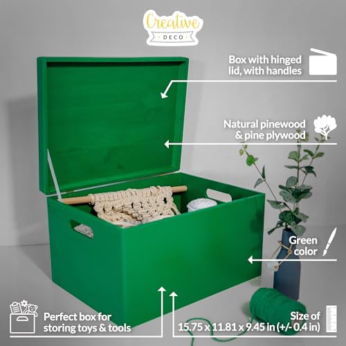 Creative Deco Large Green Wooden Box Storage with Hinged Lid - color: Green, size: XXL | Handles