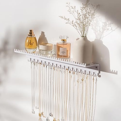 Necklace Holder Wall Hanging Organizer: Wall Mounted Jewelry Shelf with 56 Hooks and Tray, Display Hanger for Kids, Girls and Women, White & Metal - color: white