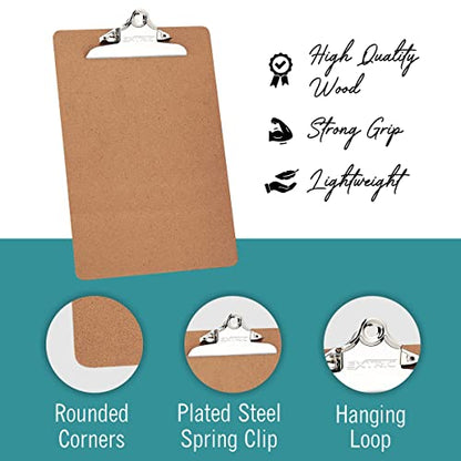 24 Clipboards Standard A4 Letter Size, 9x12.5 inch Wooden Clipboard with 6" Metal Clip, Hardboard, Fits 8.5 x 11 Inch Paper, Bulk Pack - style: 24 Pack
