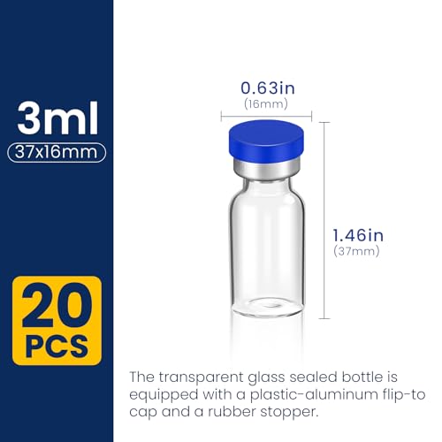 FURWEY 3ML Sterile Vials, Glass Empty Vials for Injection, 20 Pack - size: 3ML-20P