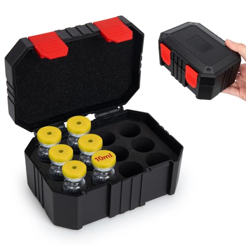Peptide Case for Fridge, 12 Slots 10ml Vials Holder, Insulin Vial Travel Organizer, Diabetes Medication Storage Case for Daily Use (Black) - color: 10ml-12 Slot-black With Red Snap Button