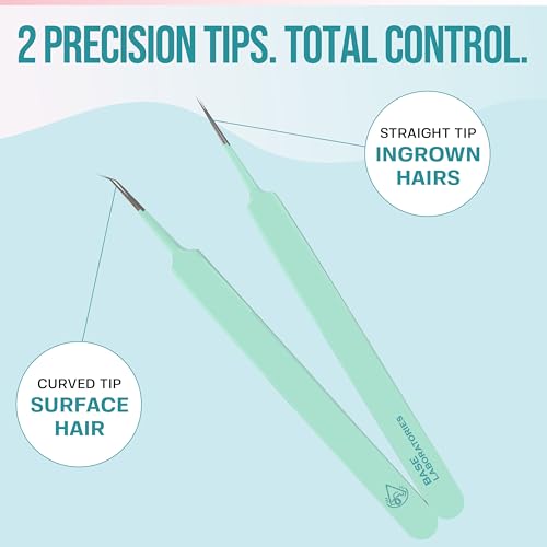 Base Labs Ingrown Hair Tweezers Set – 2 Pack Precision Tweezers for Ingrown Hair Removal, Curved & Pointed Tip Stainless Steel Tweezers with Protective Case for Razor Bumps, Splinters & Facial Hair - size: 2 Count (Pack of 1)