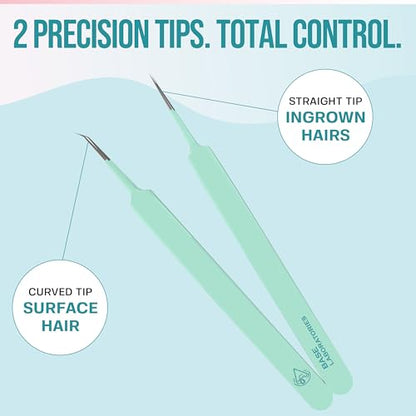 Base Labs Ingrown Hair Tweezers Set – 2 Pack Precision Tweezers for Ingrown Hair Removal, Curved & Pointed Tip Stainless Steel Tweezers with Protective Case for Razor Bumps, Splinters & Facial Hair - size: 2 Count (Pack of 1)