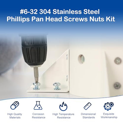 #6-32 x 3/16" to 1" Phillips Pan Head Machine Screws Kit with Nuts Washers - size: #6-32