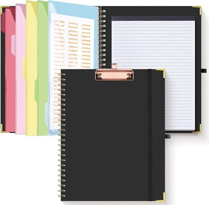 HAUTOCO Clipboard Folio with Refillable Lined Notepad for Letter Size (11" x 8.5"), 5 Dividers with 10 Pockets, Elastic Pen Holder and File Folder Labels, Spiral Nurse Clipboard Artboard(Black) - color: Black