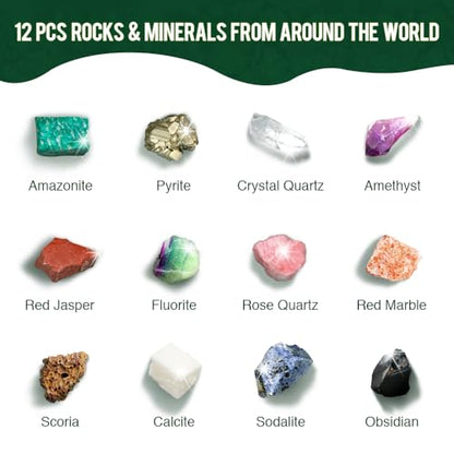 Rocks & Minerals Dig Kit - 12 Pack Real Gemstone Excavation Bricks, Crystals, Pyrite, Amethyst Archeology Digging Toys, STEM Educational Gift Box Party Favors for Kids Boys Girls Age 6+